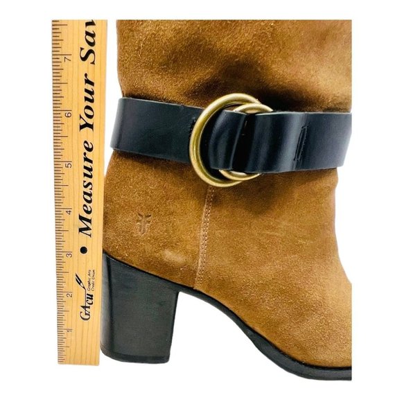 Frye Addie Harness Mid Chestnut Italian Leather Womens Boots Brass Hardware 7B - Picture 11 of 12